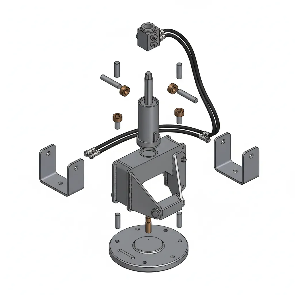 Toleng-styled 3D exploded view of hydraulic stabilizer leg assembly