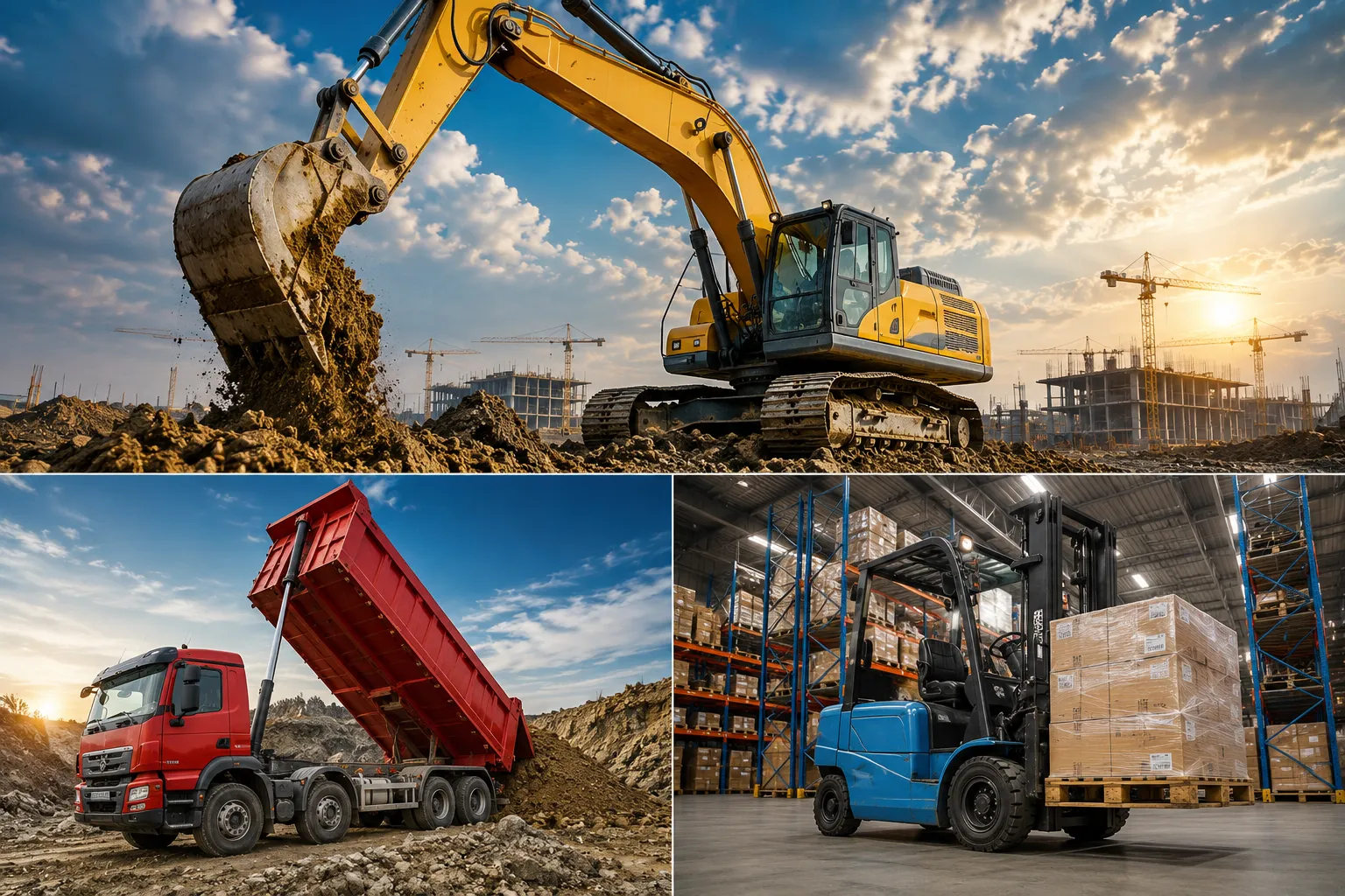 Excavator, Dump Truck, Forklift