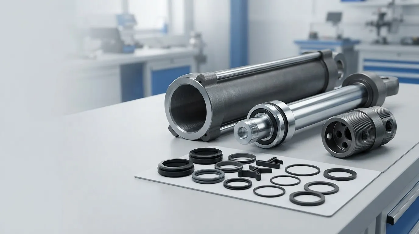 Disassembled hydraulic cylinder with rod seals, piston seals, and replacement sealing components